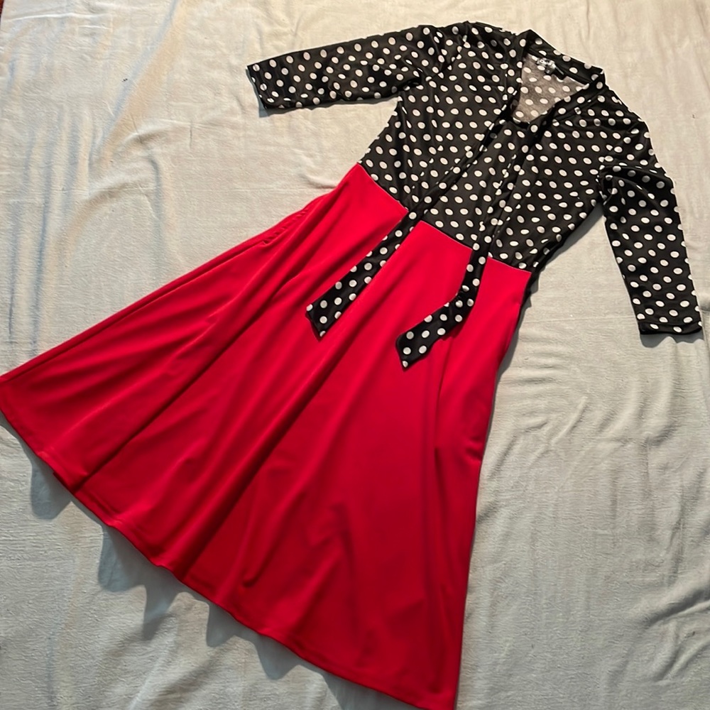 Oxiuli Fashion Black&White Polka Dot Red Dress,Side Zipper,Size S